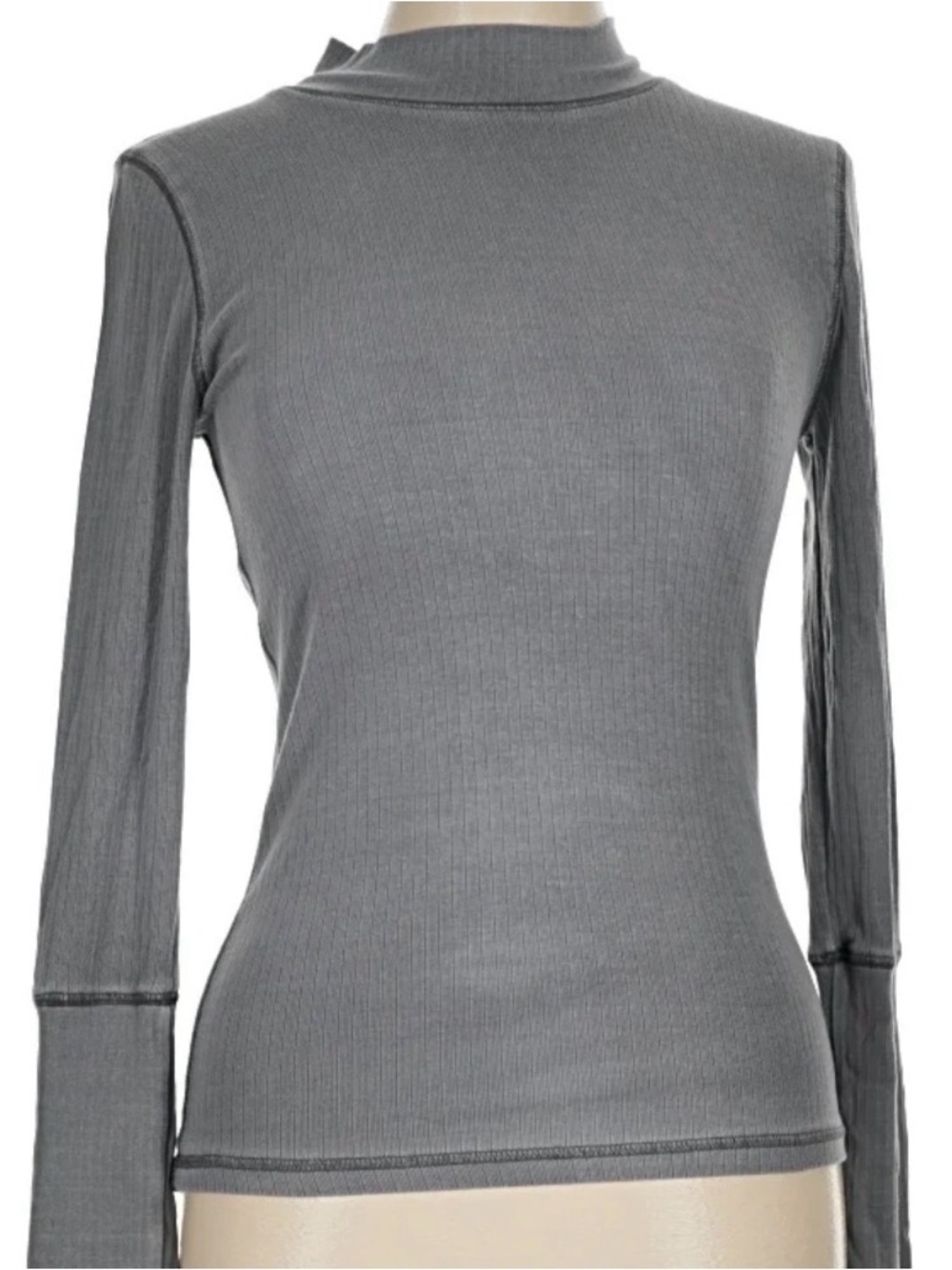 Free People Gray Ribbed Long Sleeve Mock Neck Top